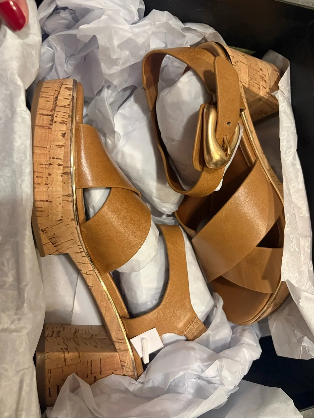 AEROSOLES Tan Platform Cork-Heel Sandal with Gold Trim